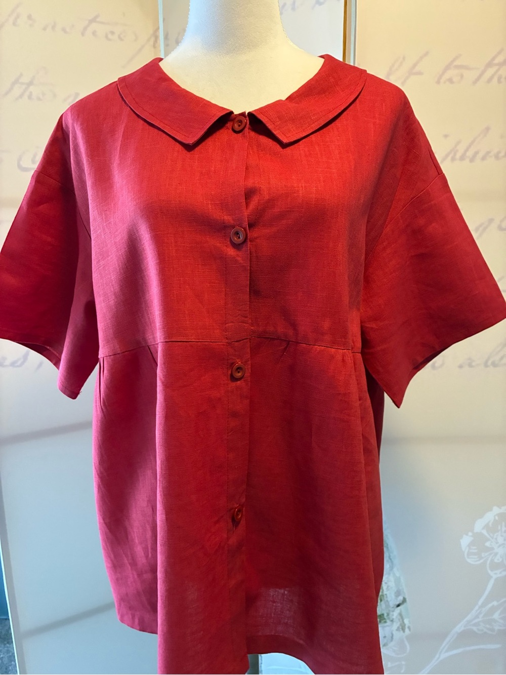 Linen Life Women's Red Button-Front Top with Peter Pan Collar